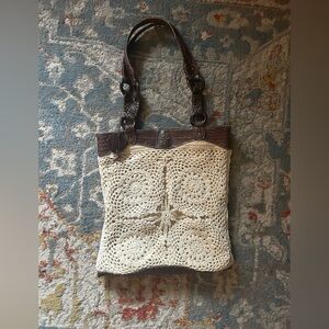 Cream and Brown Crochet Tote Bag